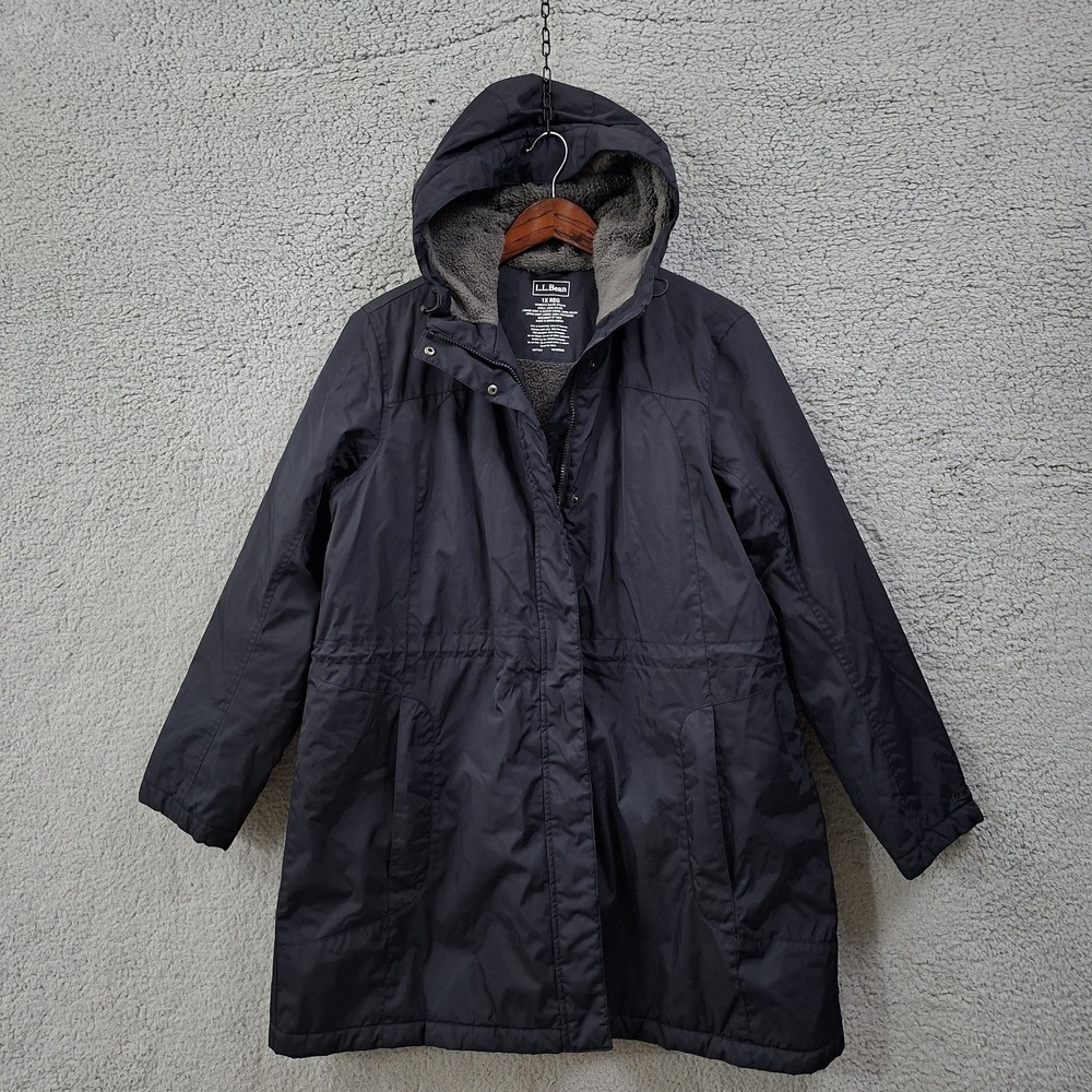 LL Bean Coat Womens 1X Black Winter Warmer Hooded Fleece Lined Parka Jacket